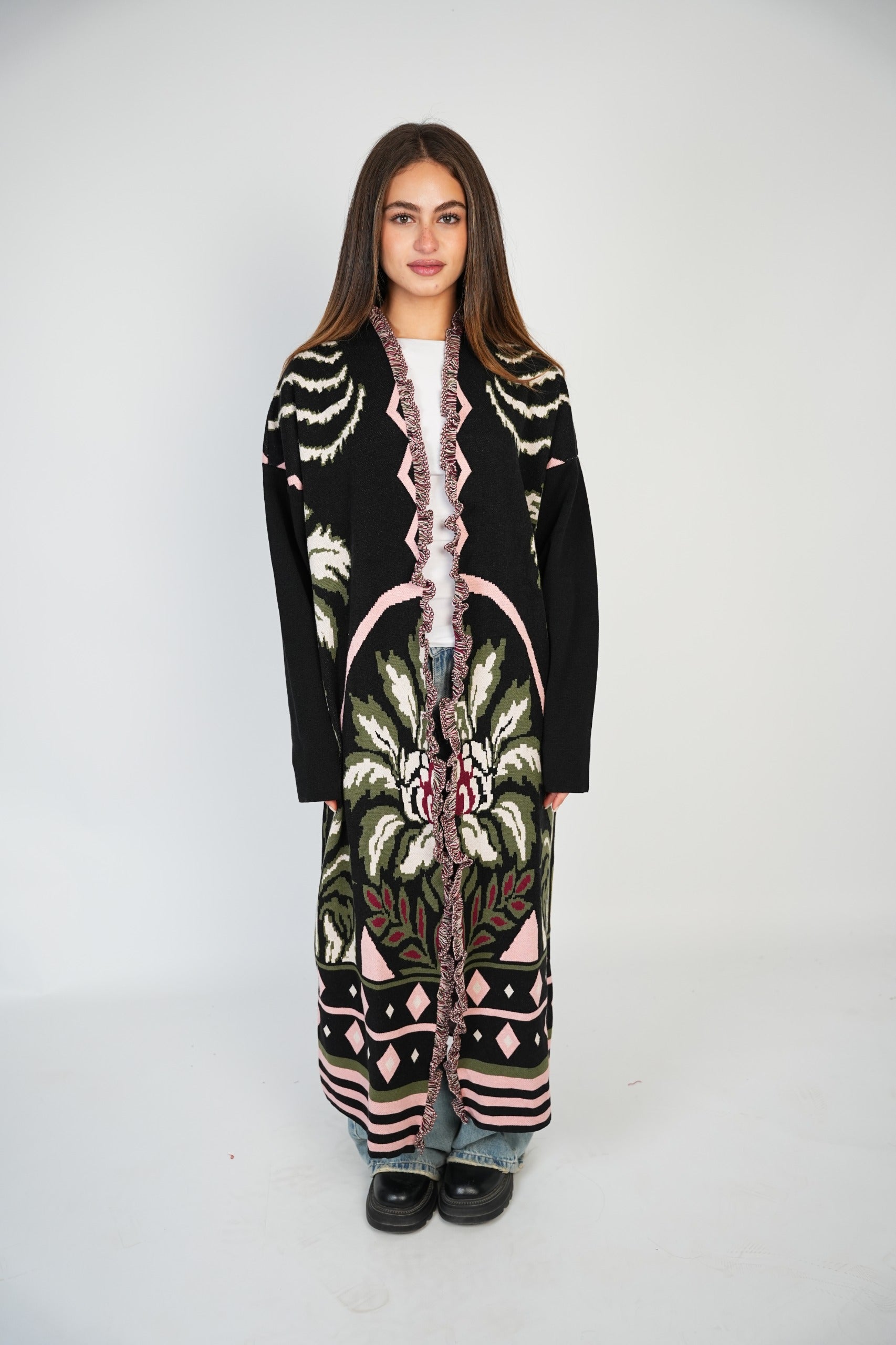 BOHO FRINGE LONG CARDIGAN / PINK