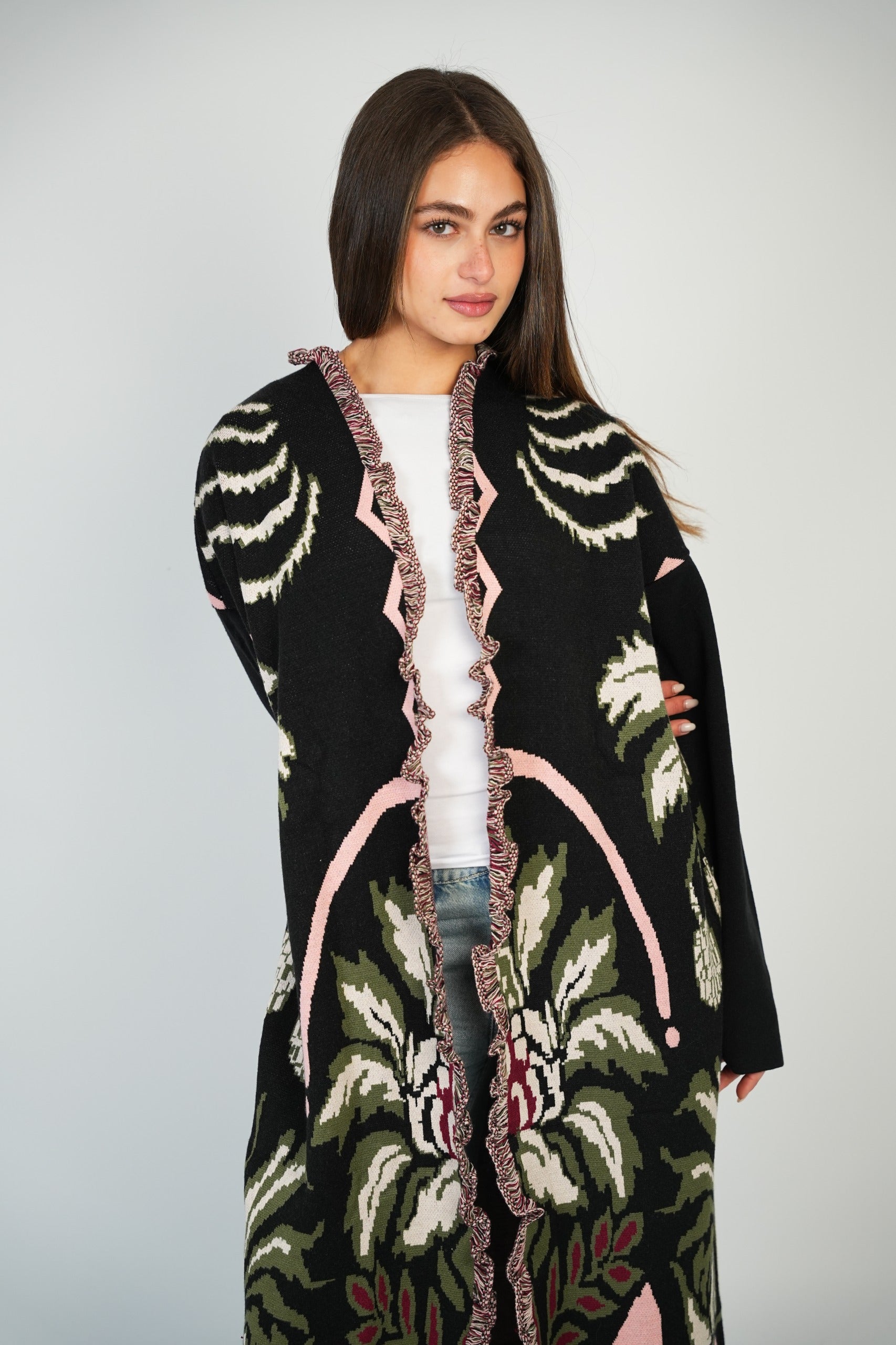 BOHO FRINGE LONG CARDIGAN / PINK