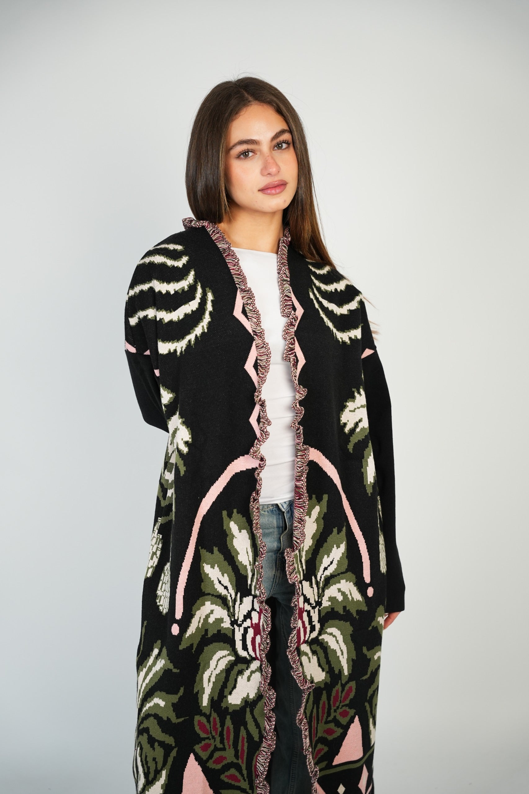 BOHO FRINGE LONG CARDIGAN / PINK