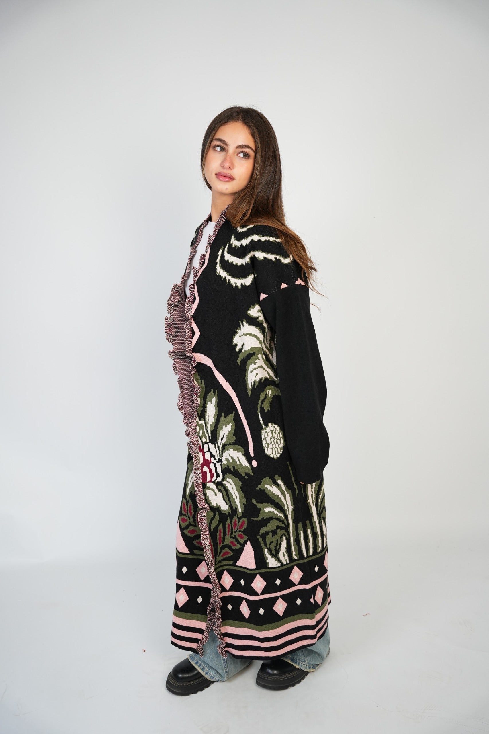 BOHO FRINGE LONG CARDIGAN / PINK