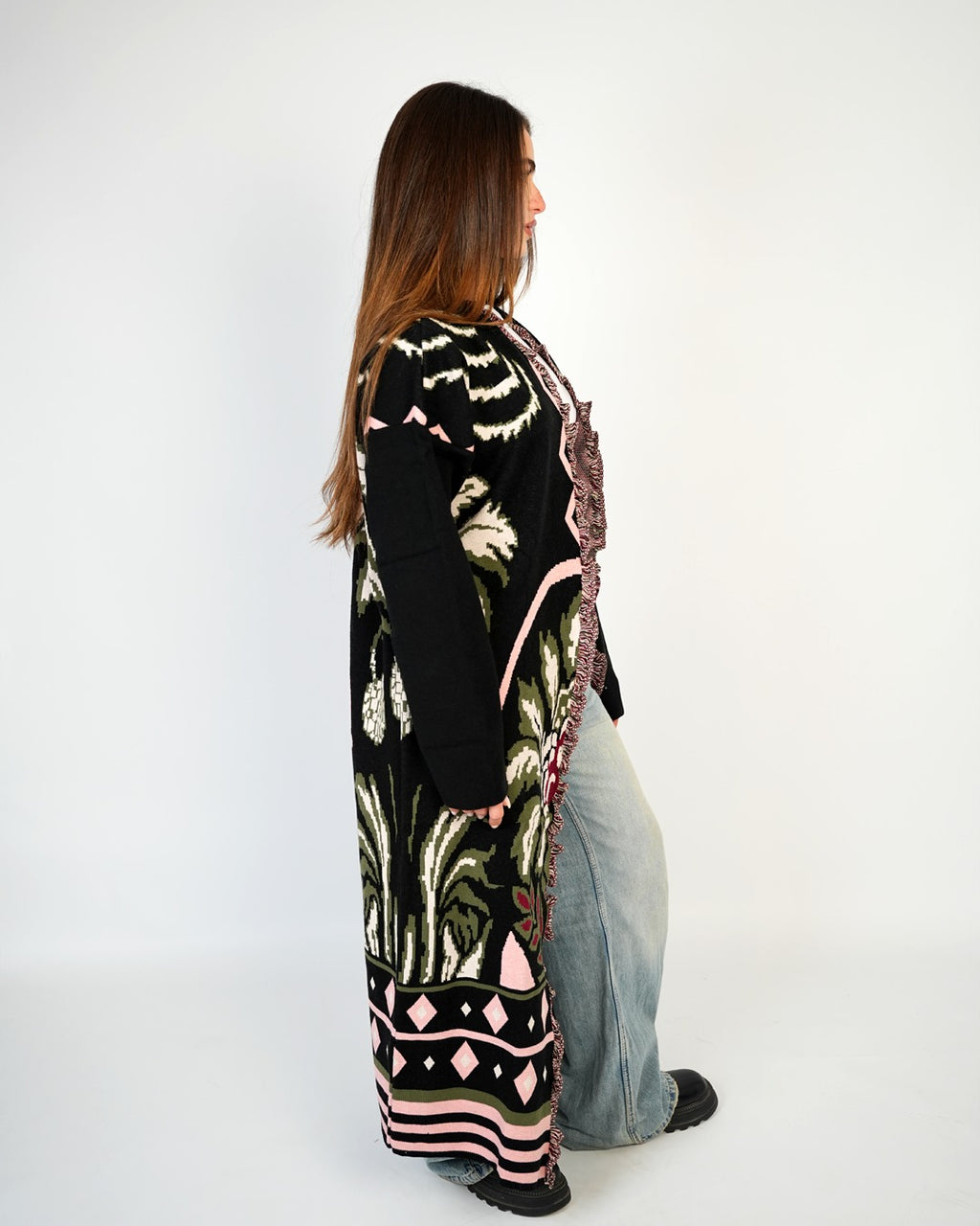 BOHO FRINGE LONG CARDIGAN / PINK