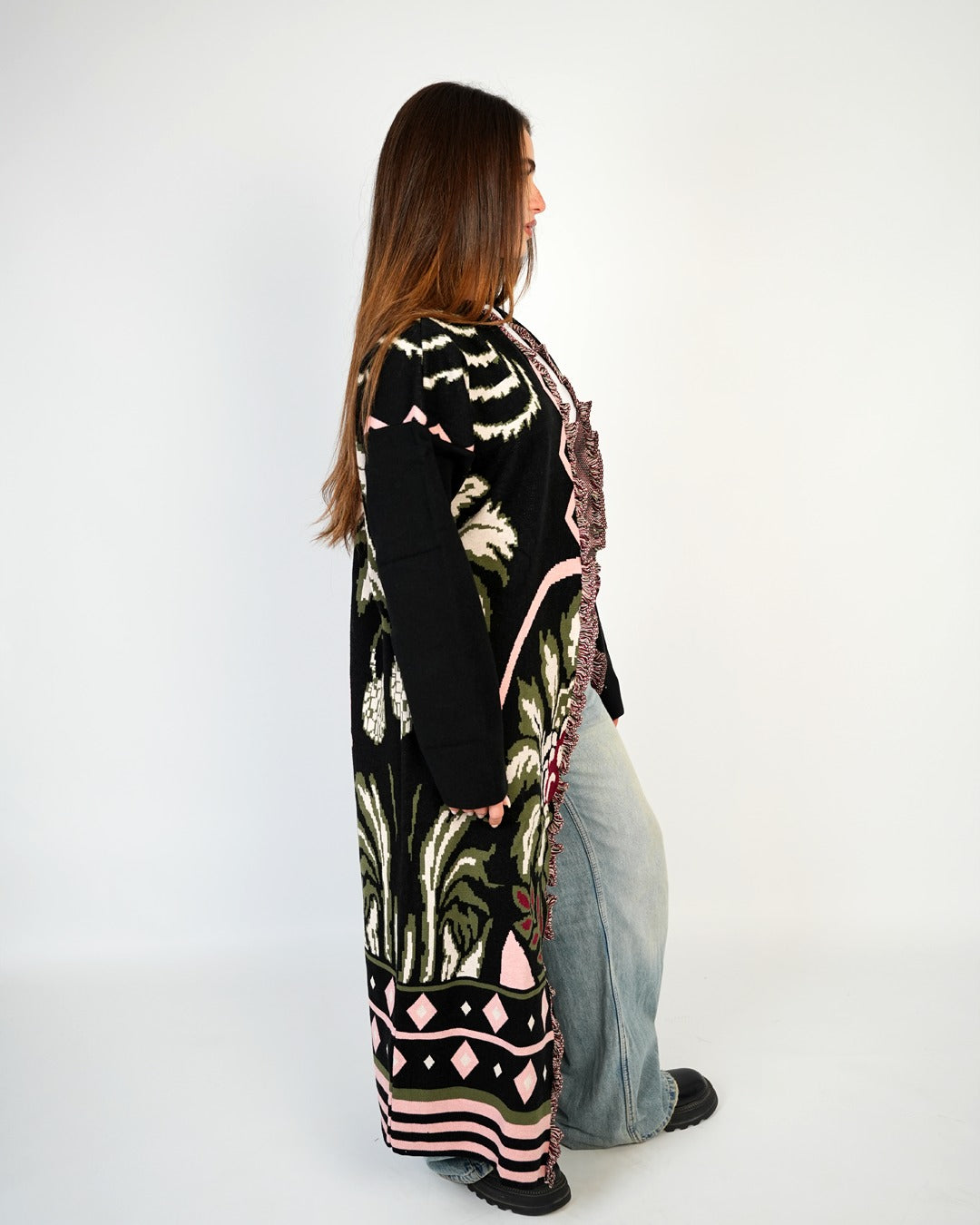 BOHO FRINGE LONG CARDIGAN / PINK
