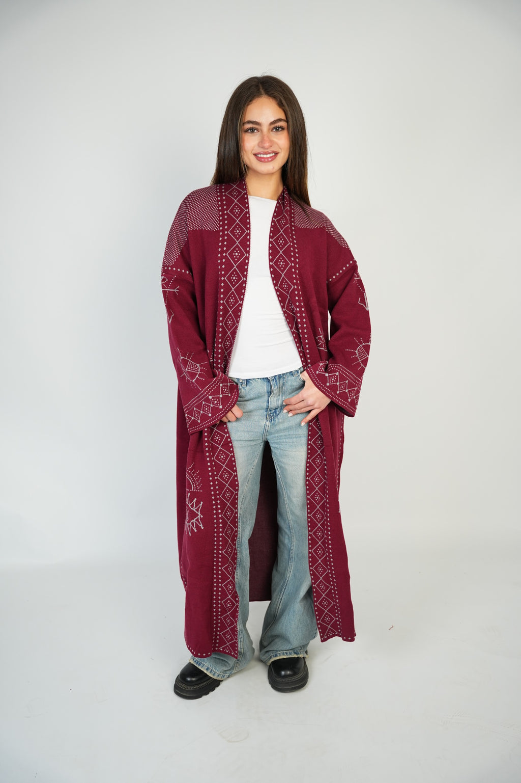 Long Pattern Cardigan – Burgundy