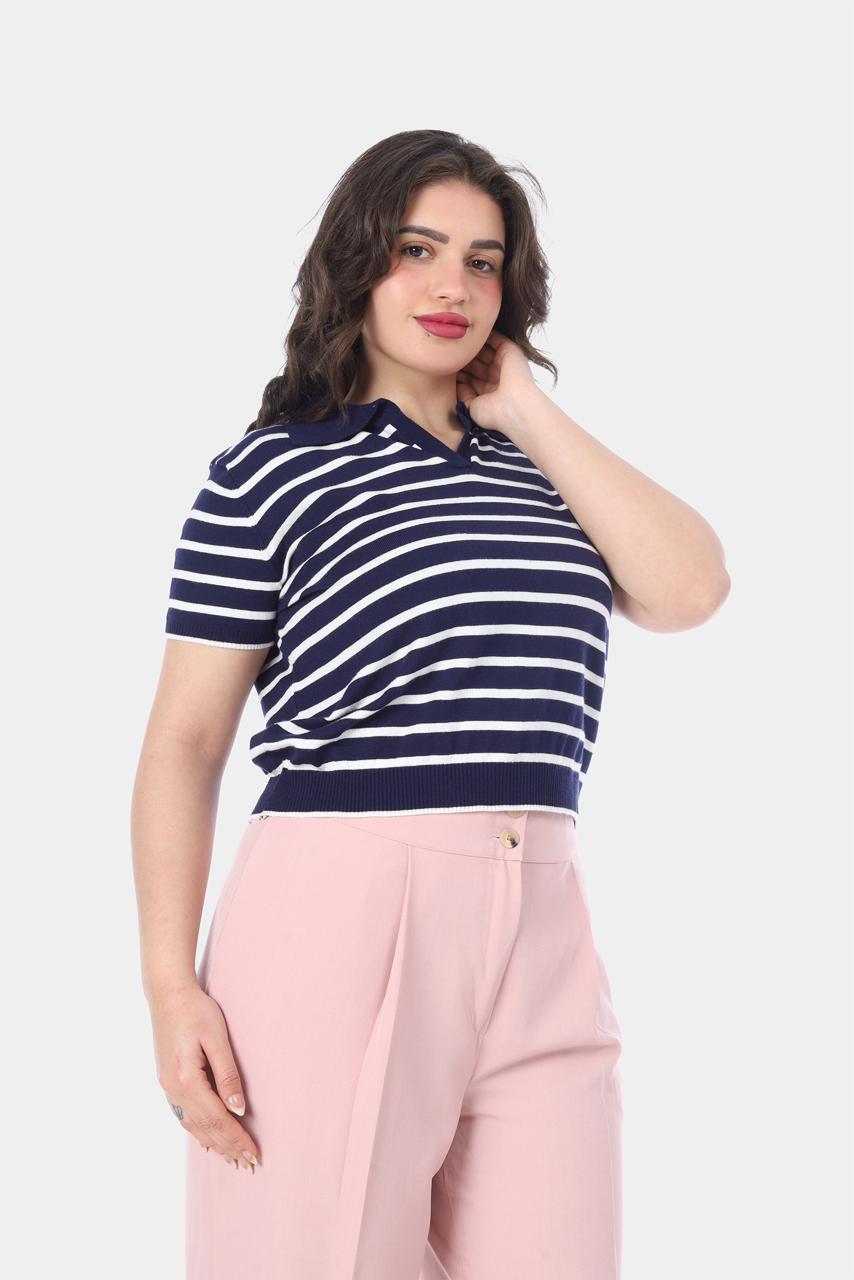 Classic Striped Polo Knit Top
