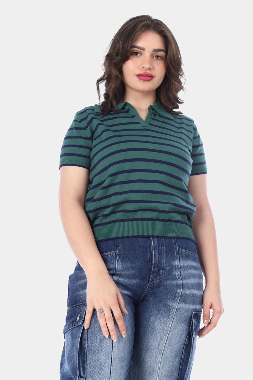 Classic Striped Polo Knit Top