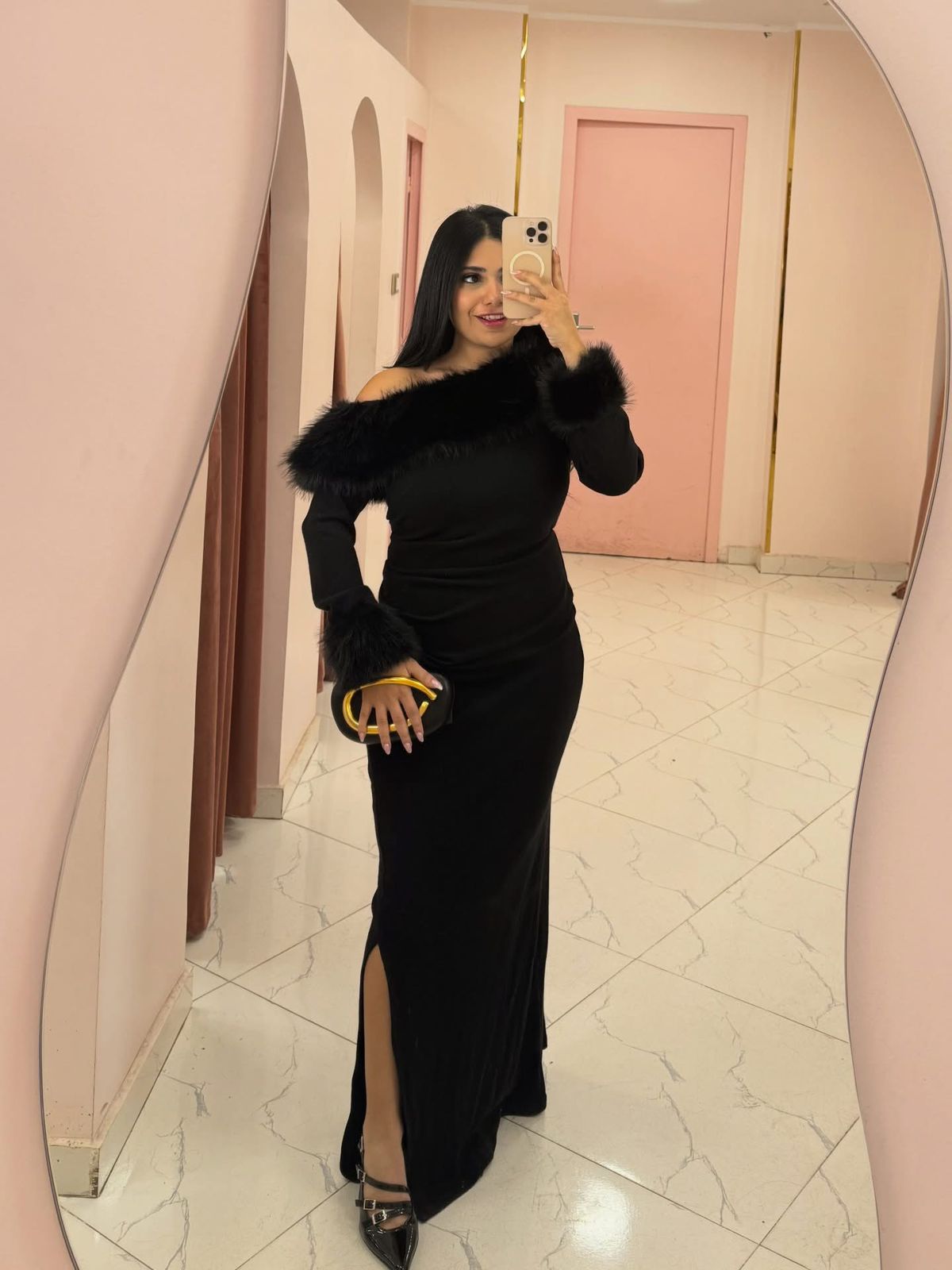 FUR SHOULDER MAXI DRESS