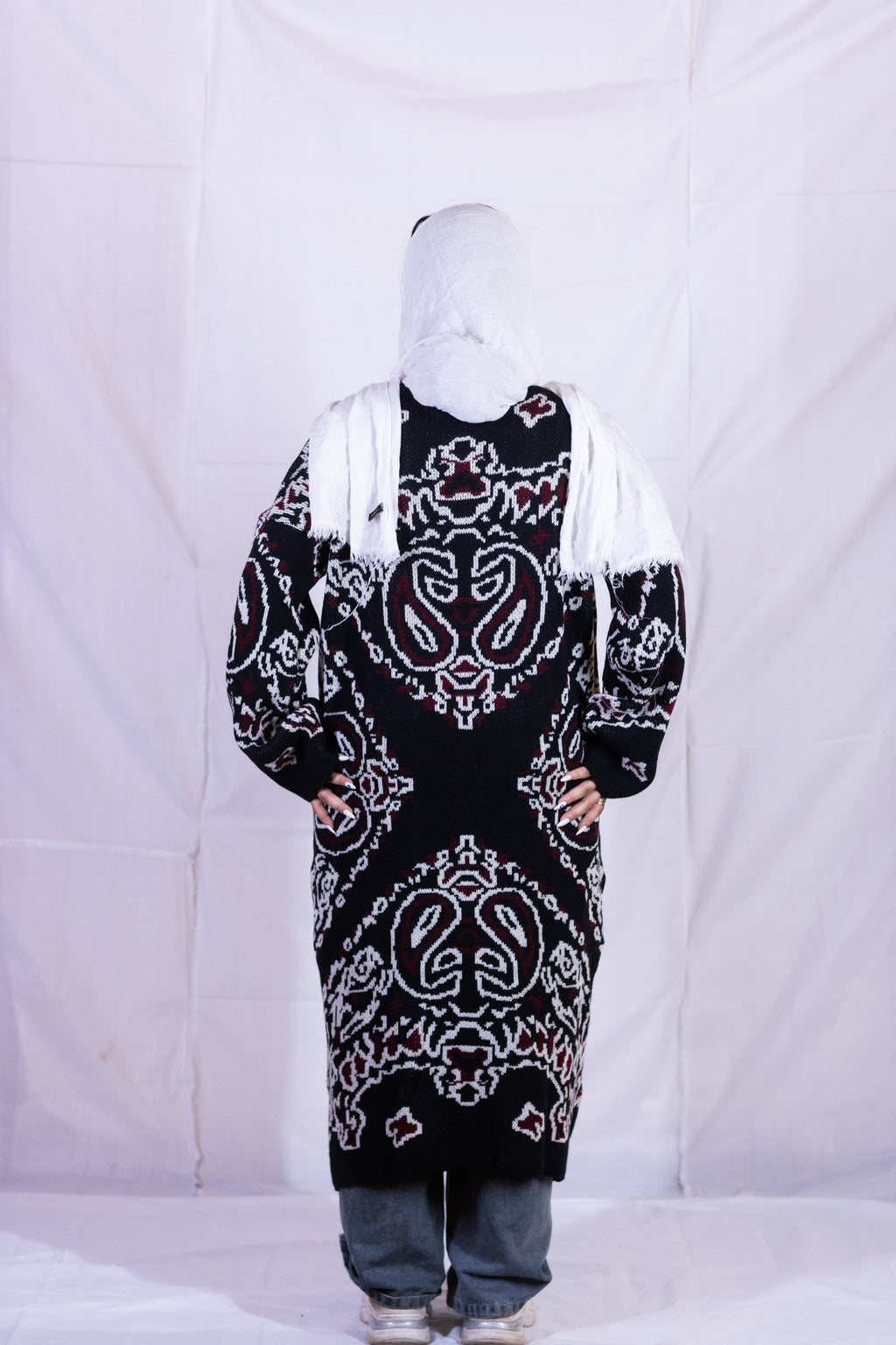 Paisley Knit Open Cardigan / black