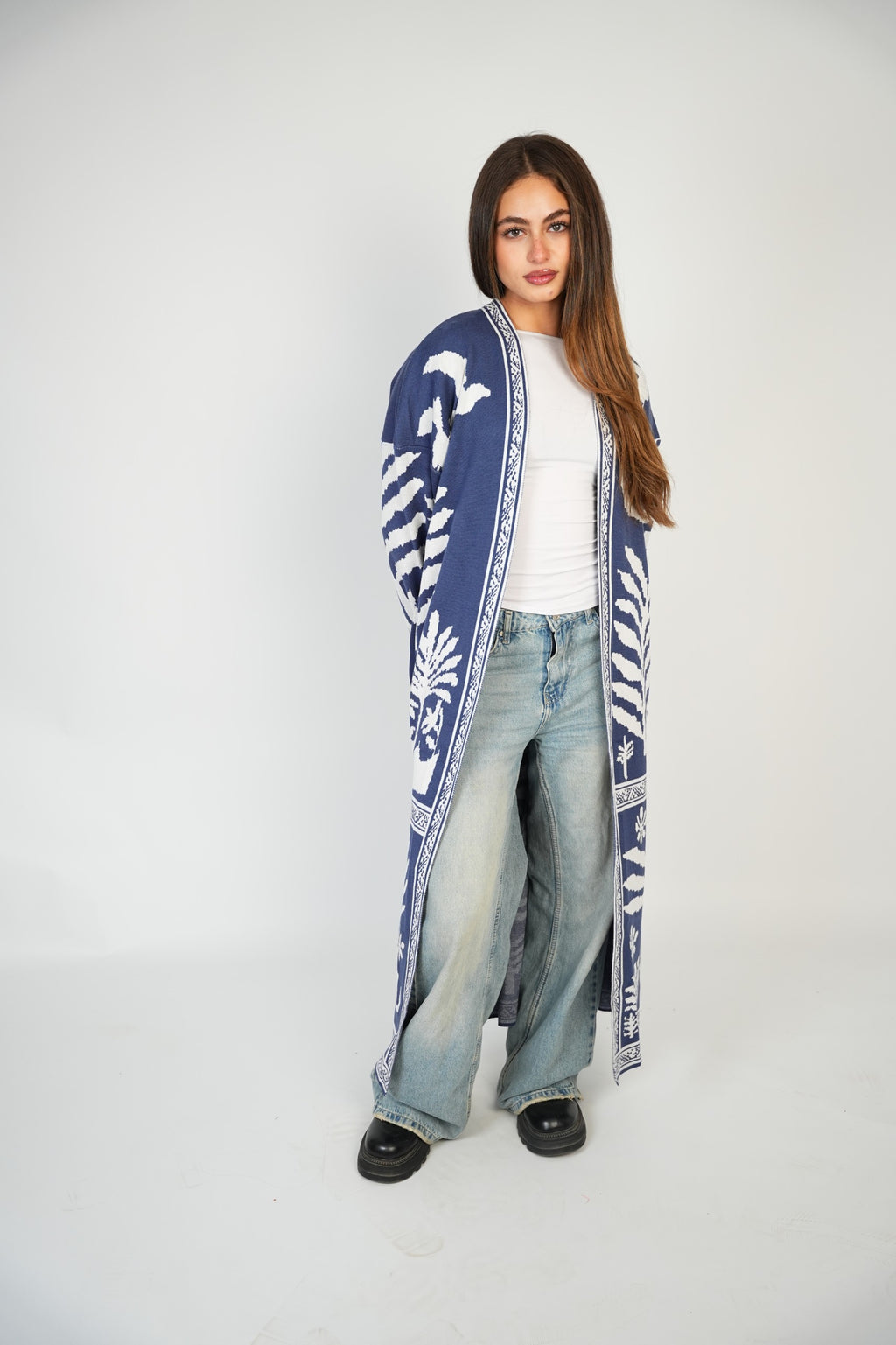 Navy Palm Knit Long Cardigan