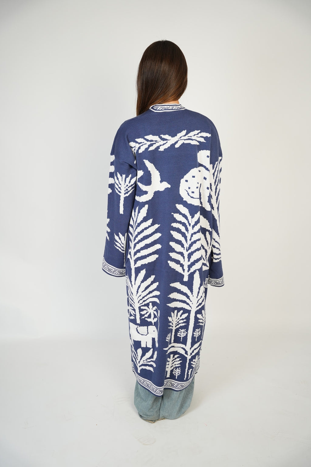 Navy Palm Knit Long Cardigan