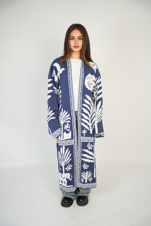 Navy Palm Knit Long Cardigan