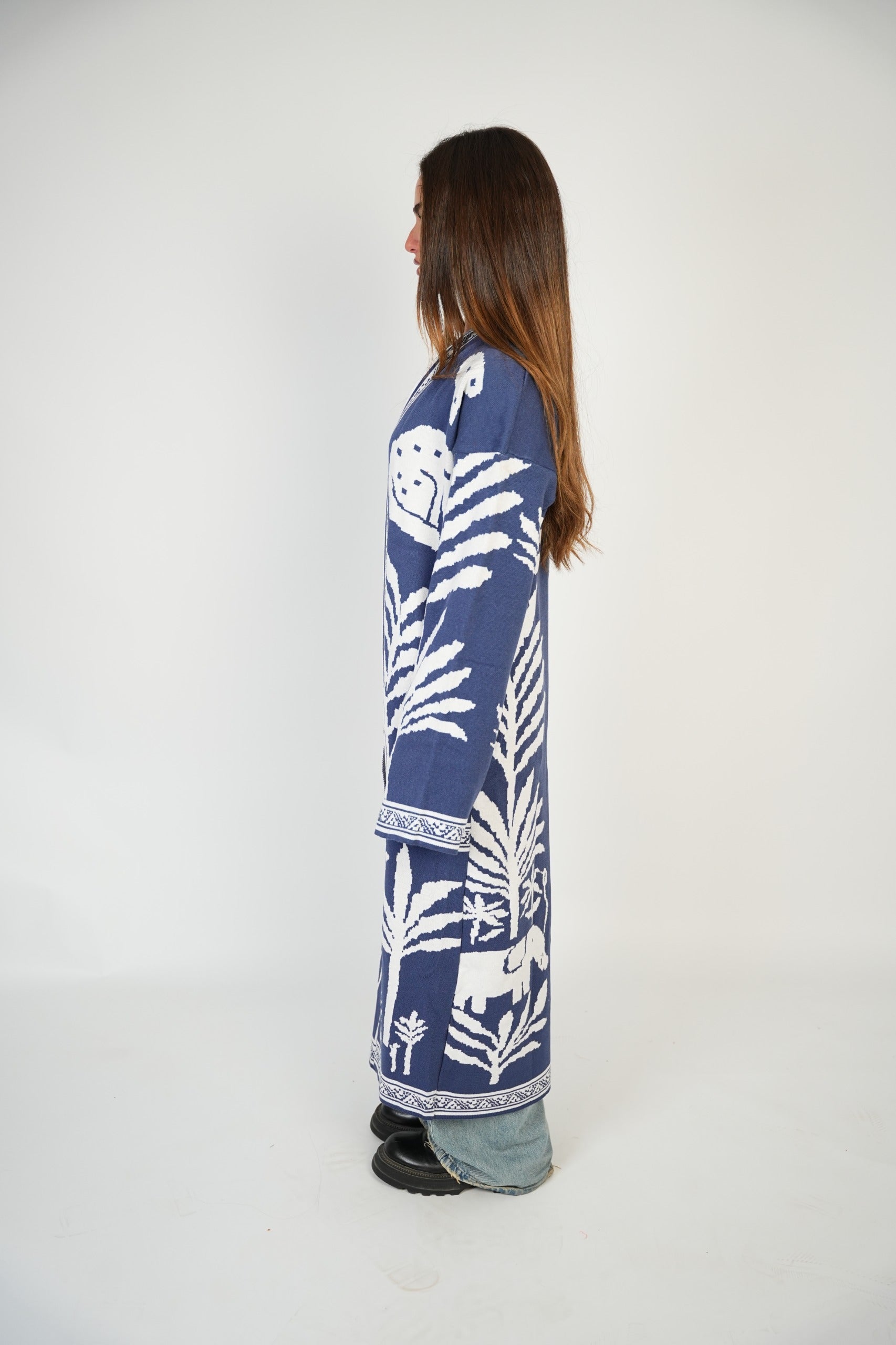 Navy Palm Knit Long Cardigan
