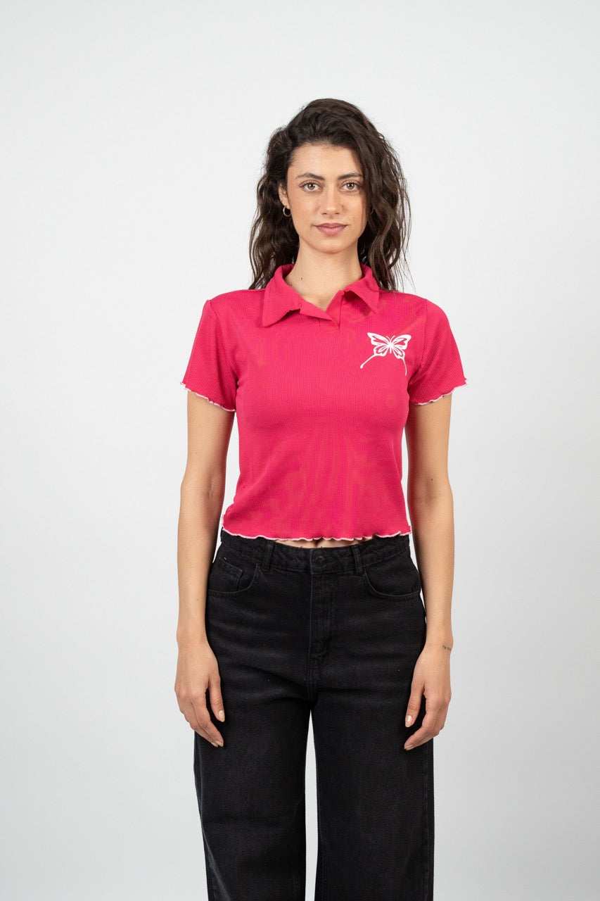 BUTTERFLY RIBBED POLO CROP TEE