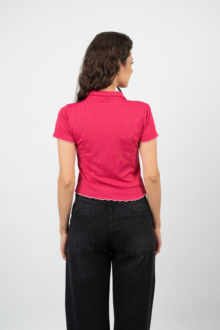 BUTTERFLY RIBBED POLO CROP TEE