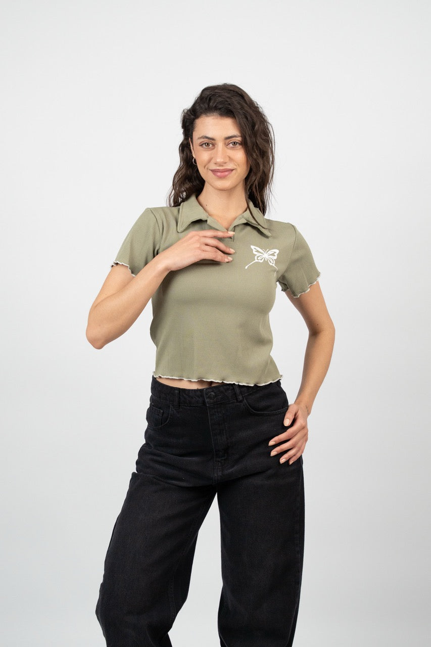 BUTTERFLY RIBBED POLO CROP TEE