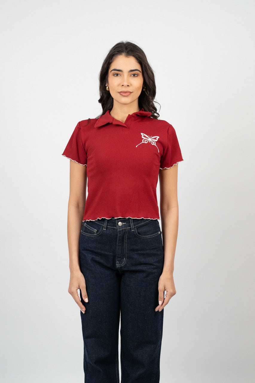 BUTTERFLY RIBBED POLO CROP TEE