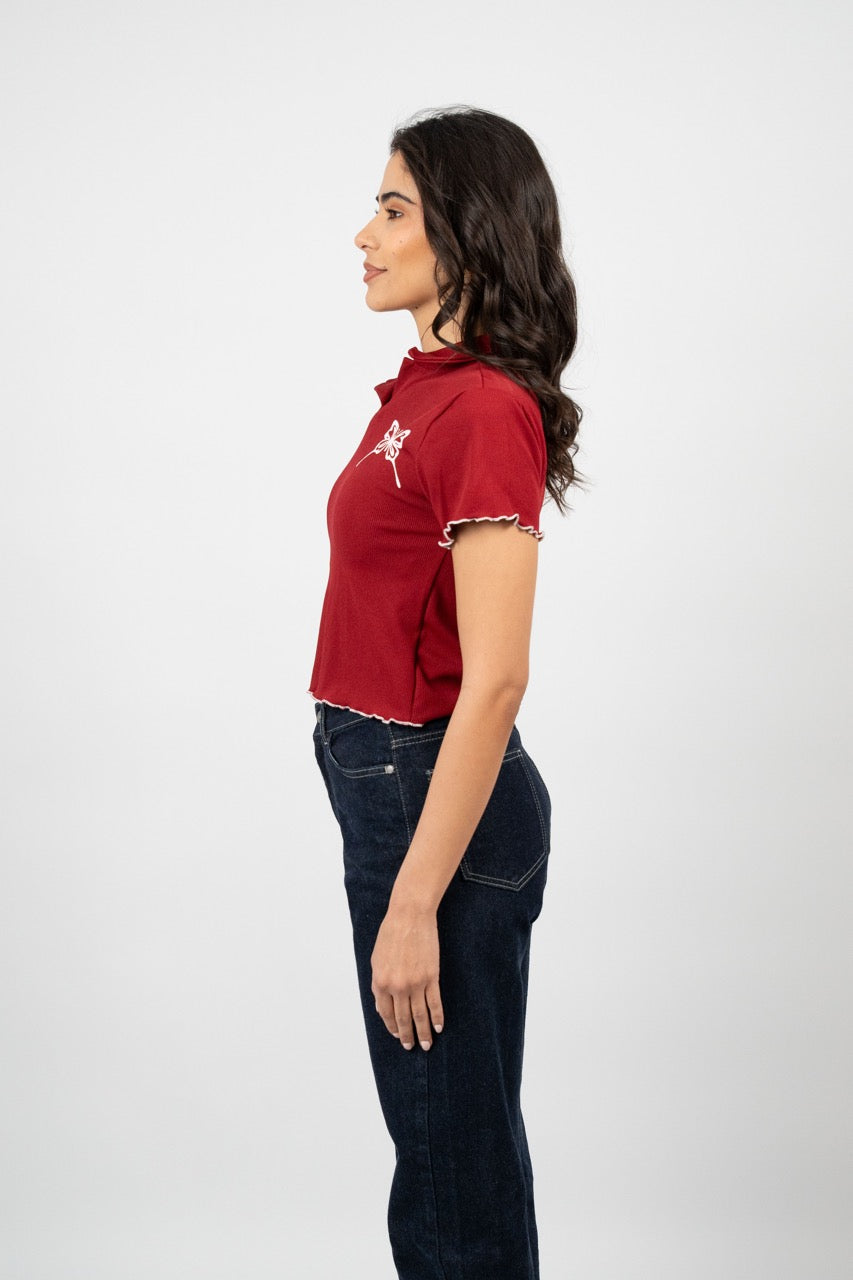 BUTTERFLY RIBBED POLO CROP TEE