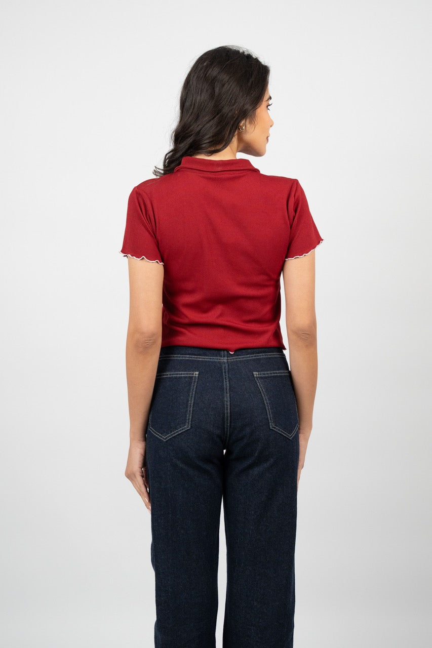 BUTTERFLY RIBBED POLO CROP TEE