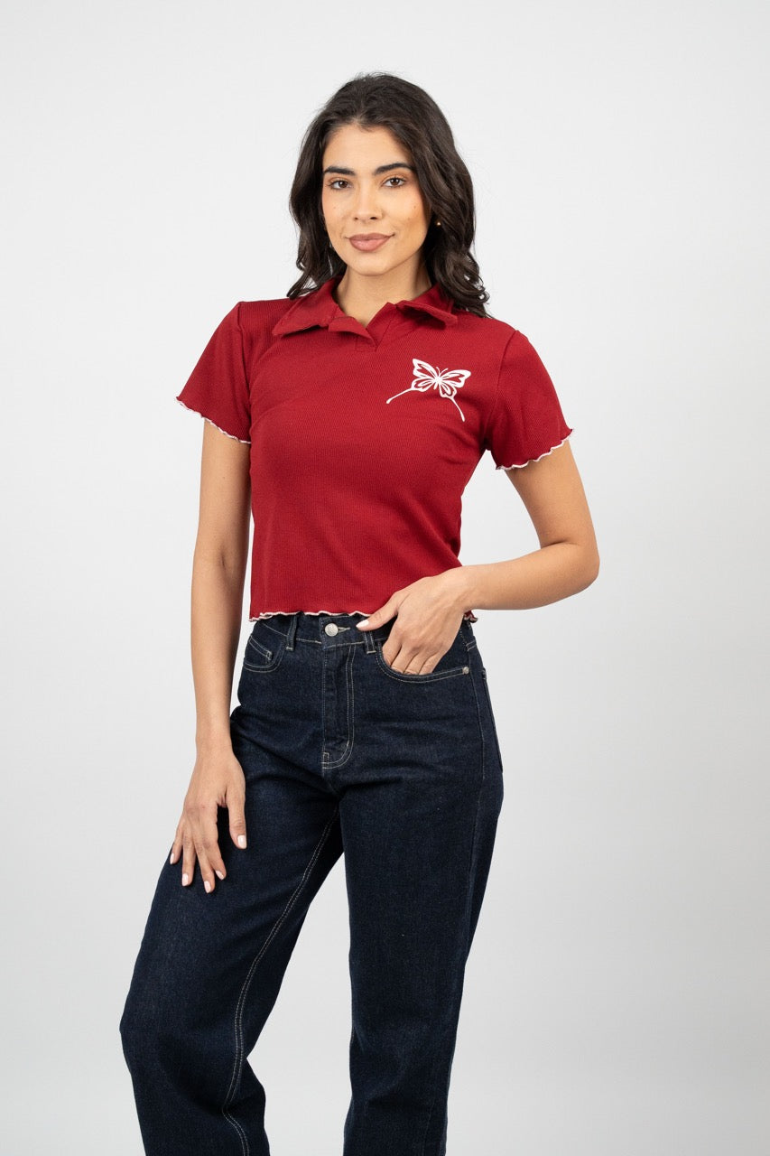 BUTTERFLY RIBBED POLO CROP TEE