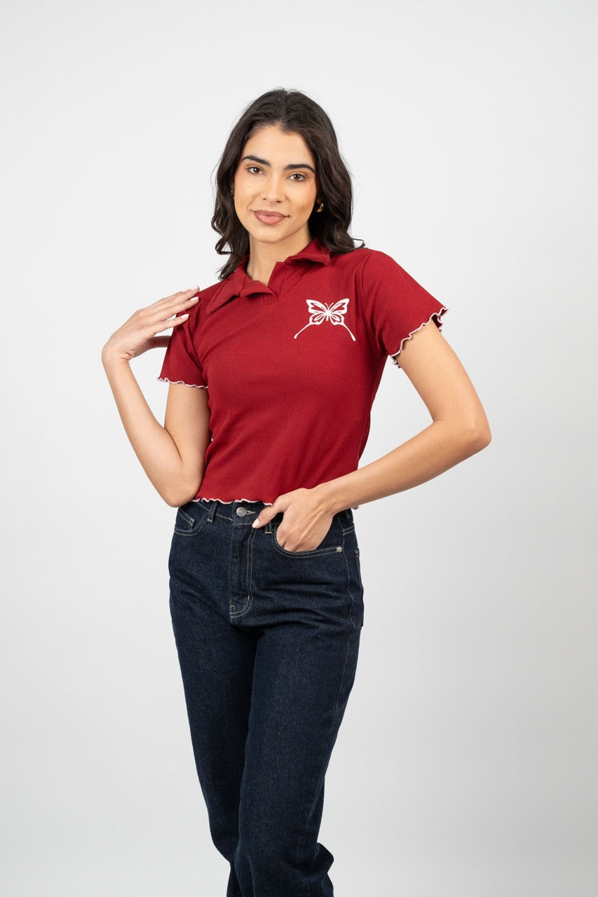 BUTTERFLY RIBBED POLO CROP TEE