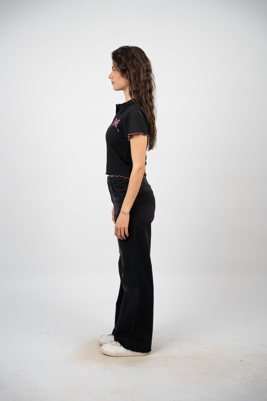 BUTTERFLY RIBBED POLO CROP TEE