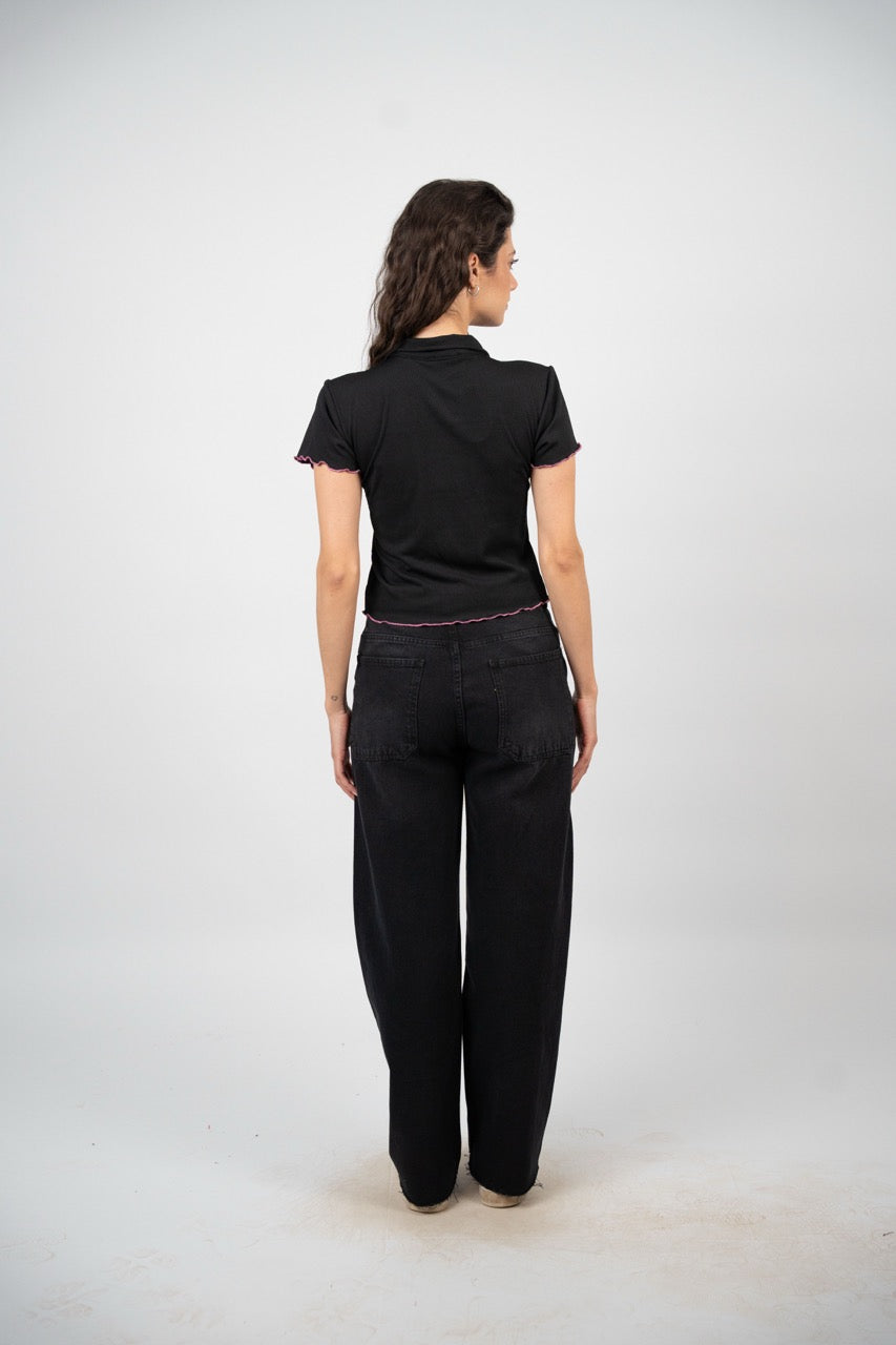 BUTTERFLY RIBBED POLO CROP TEE