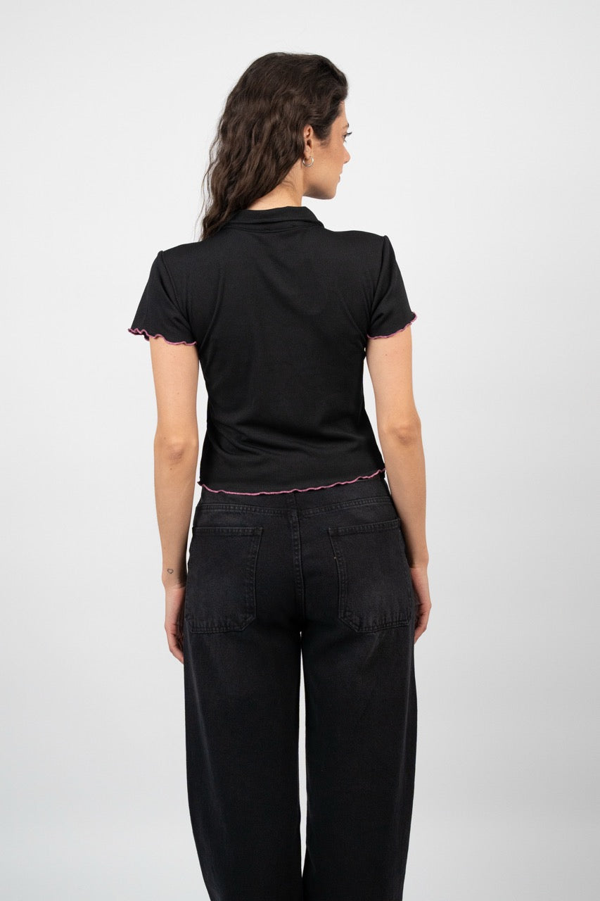 BUTTERFLY RIBBED POLO CROP TEE