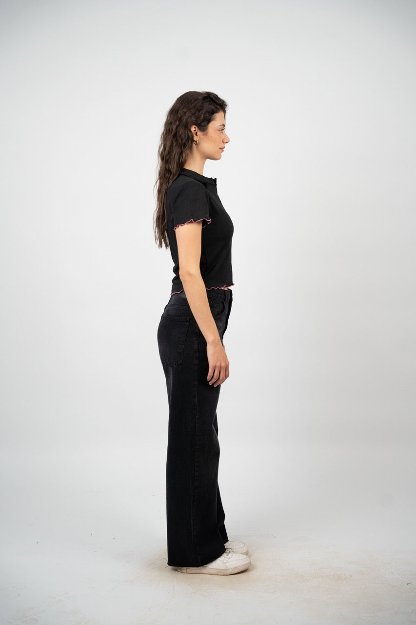 BUTTERFLY RIBBED POLO CROP TEE