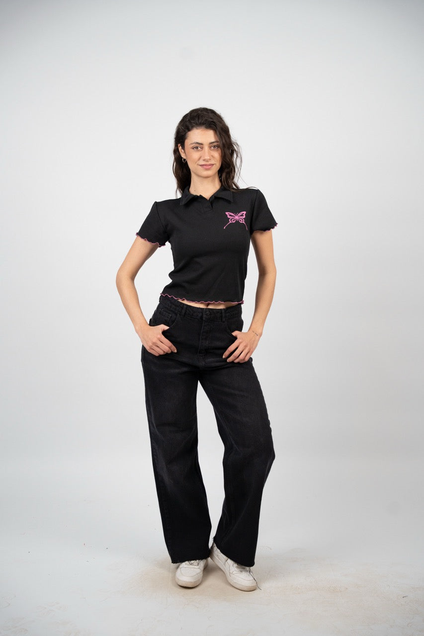 BUTTERFLY RIBBED POLO CROP TEE