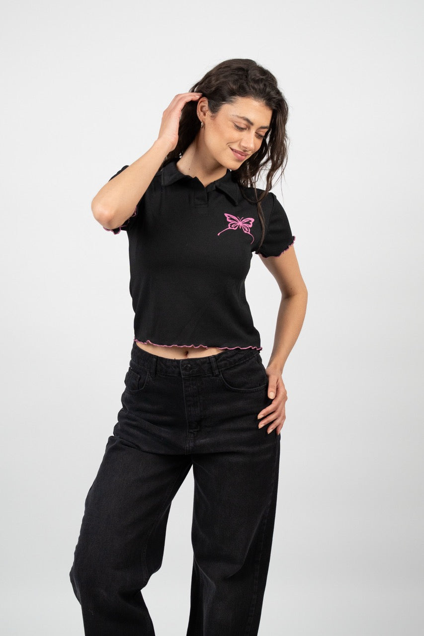 BUTTERFLY RIBBED POLO CROP TEE