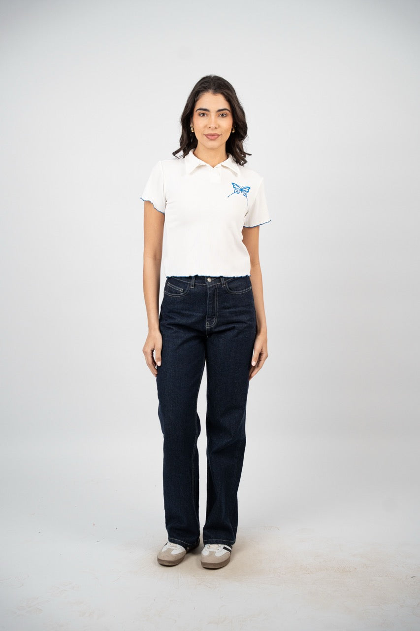 BUTTERFLY RIBBED POLO CROP TEE