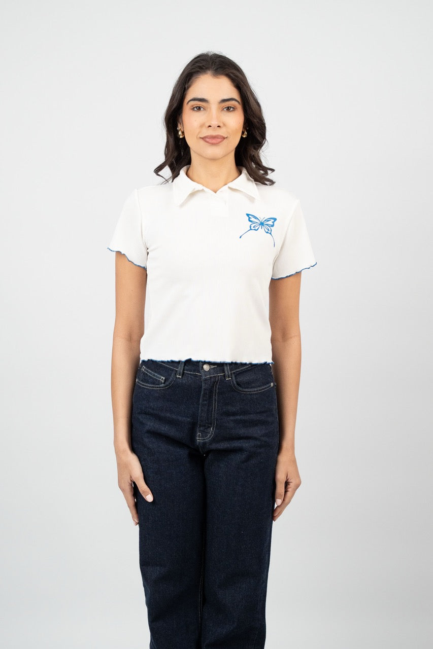 BUTTERFLY RIBBED POLO CROP TEE