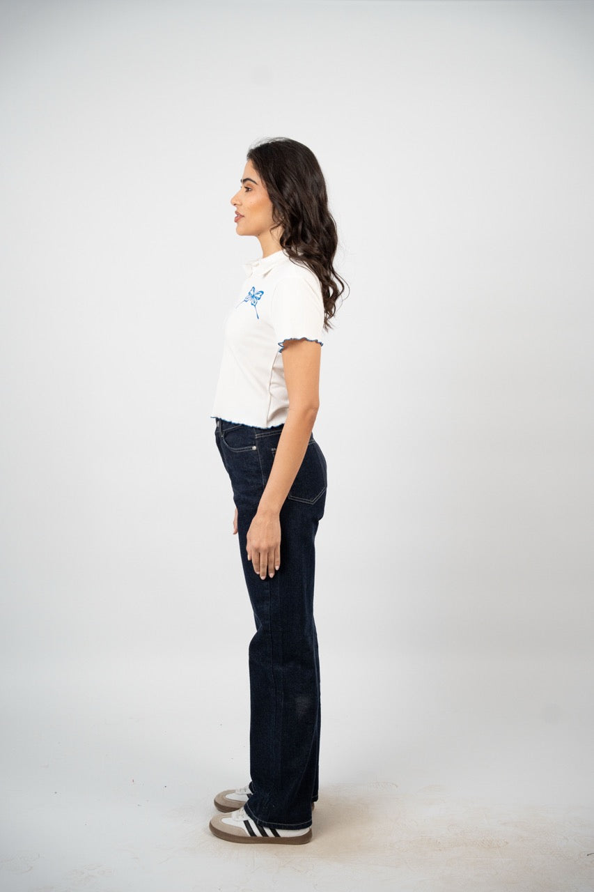 BUTTERFLY RIBBED POLO CROP TEE
