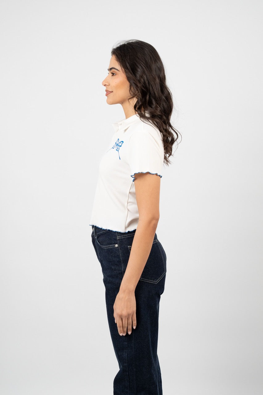 BUTTERFLY RIBBED POLO CROP TEE