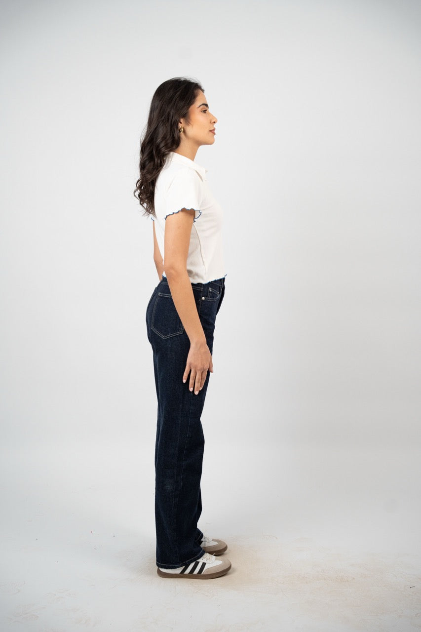 BUTTERFLY RIBBED POLO CROP TEE