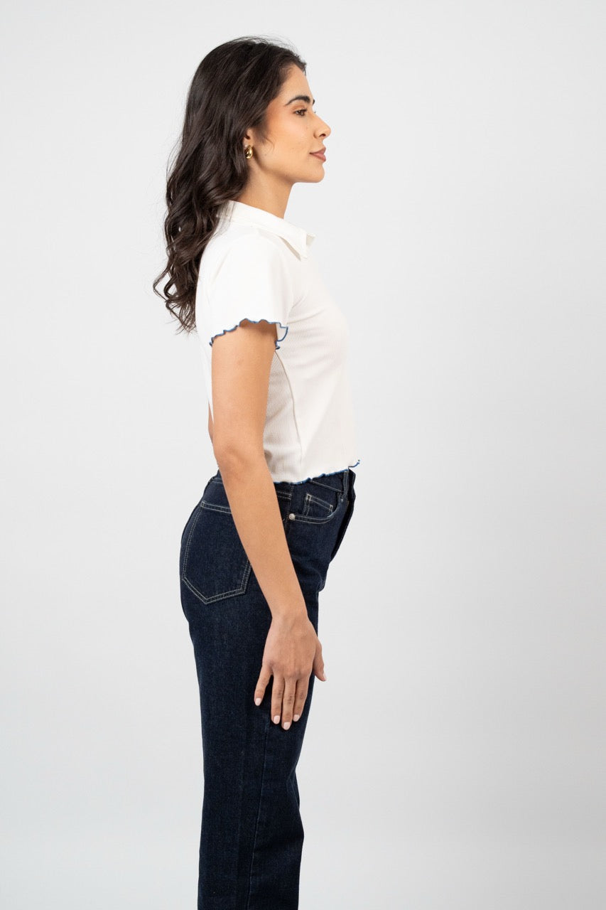 BUTTERFLY RIBBED POLO CROP TEE