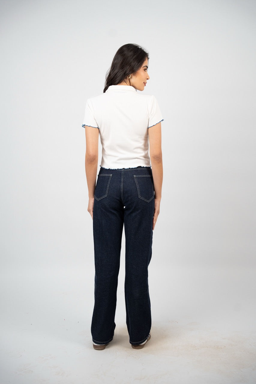 BUTTERFLY RIBBED POLO CROP TEE