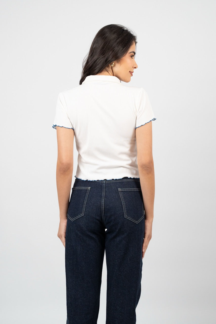 BUTTERFLY RIBBED POLO CROP TEE