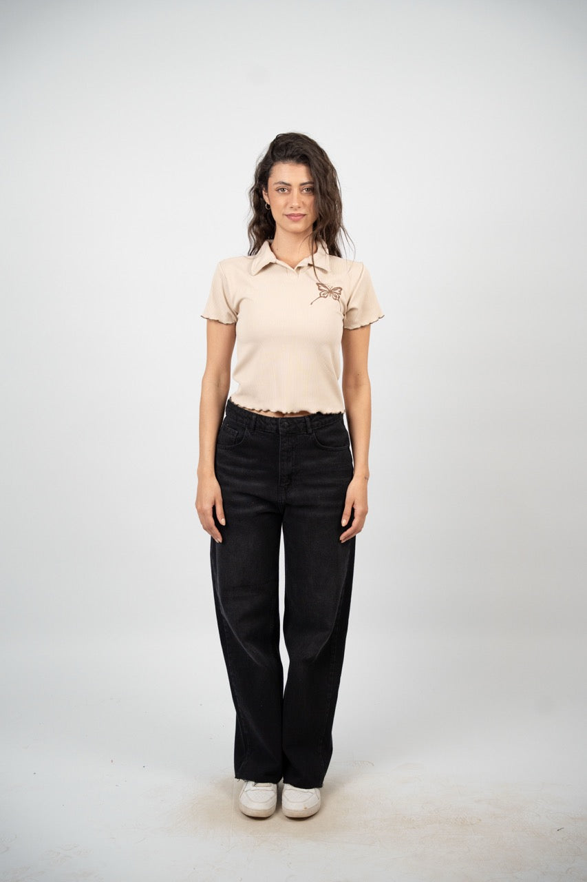 BUTTERFLY RIBBED POLO CROP TEE