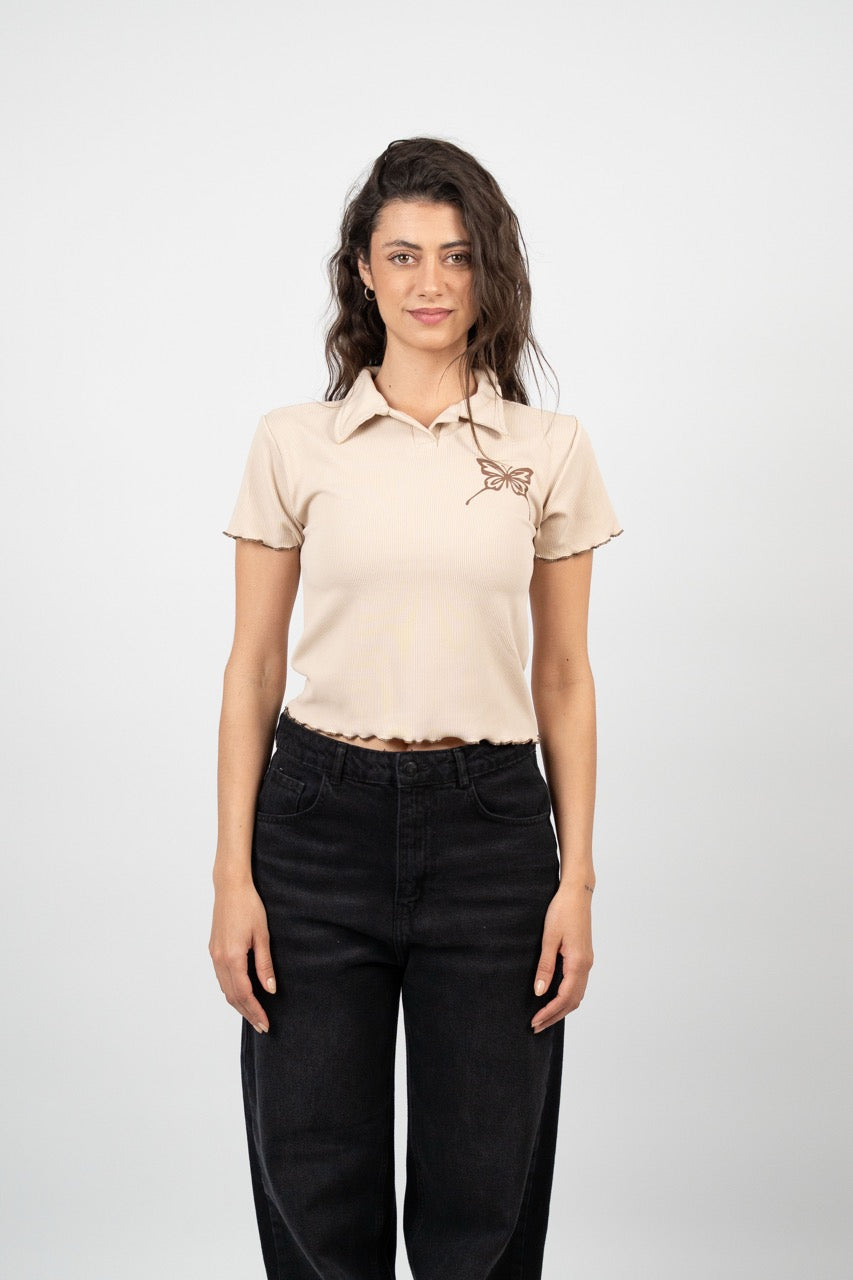 BUTTERFLY RIBBED POLO CROP TEE