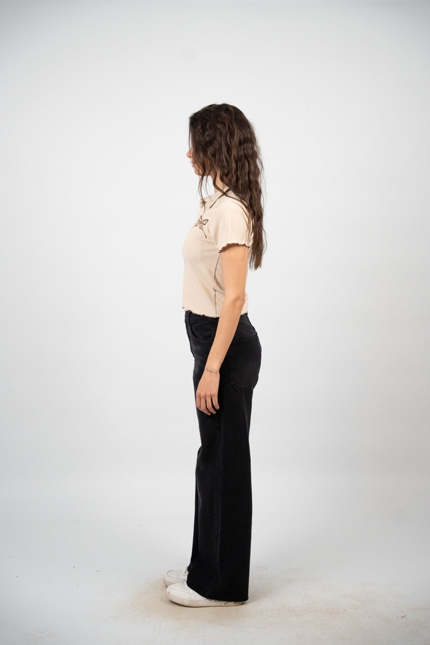 BUTTERFLY RIBBED POLO CROP TEE