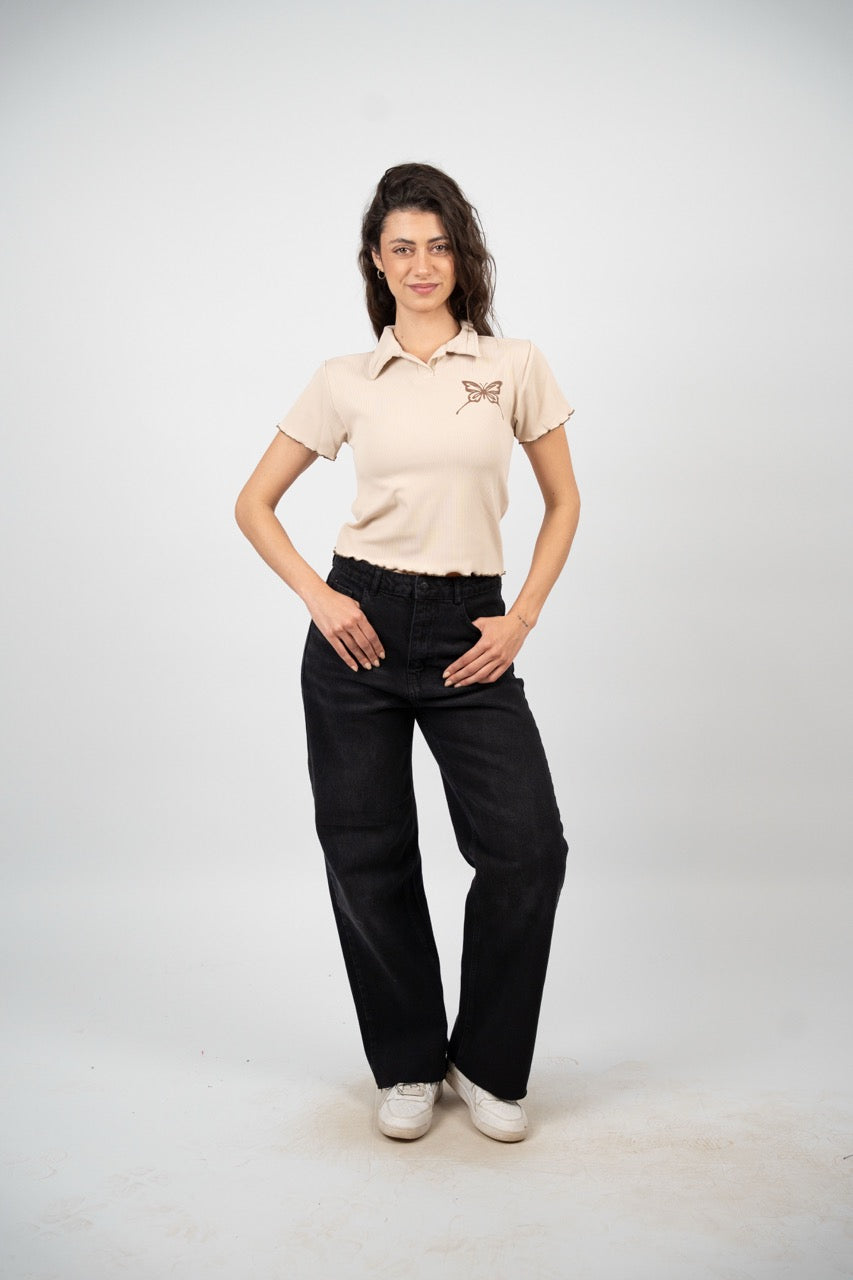 BUTTERFLY RIBBED POLO CROP TEE