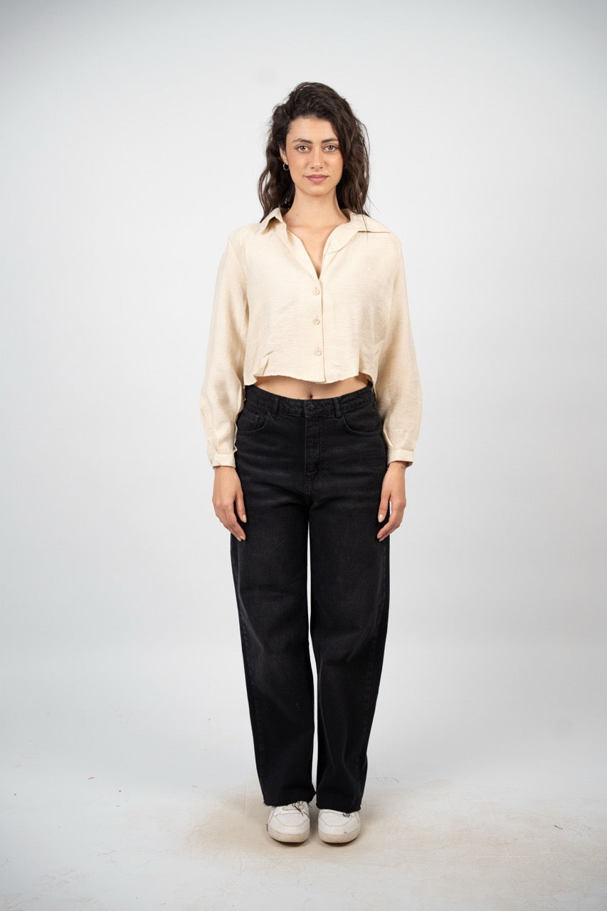 CROPPED BUTTON-DOWN SATIN BLOUSE