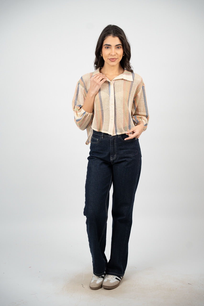 STRIPED PRINT BUTTON BLOUSE