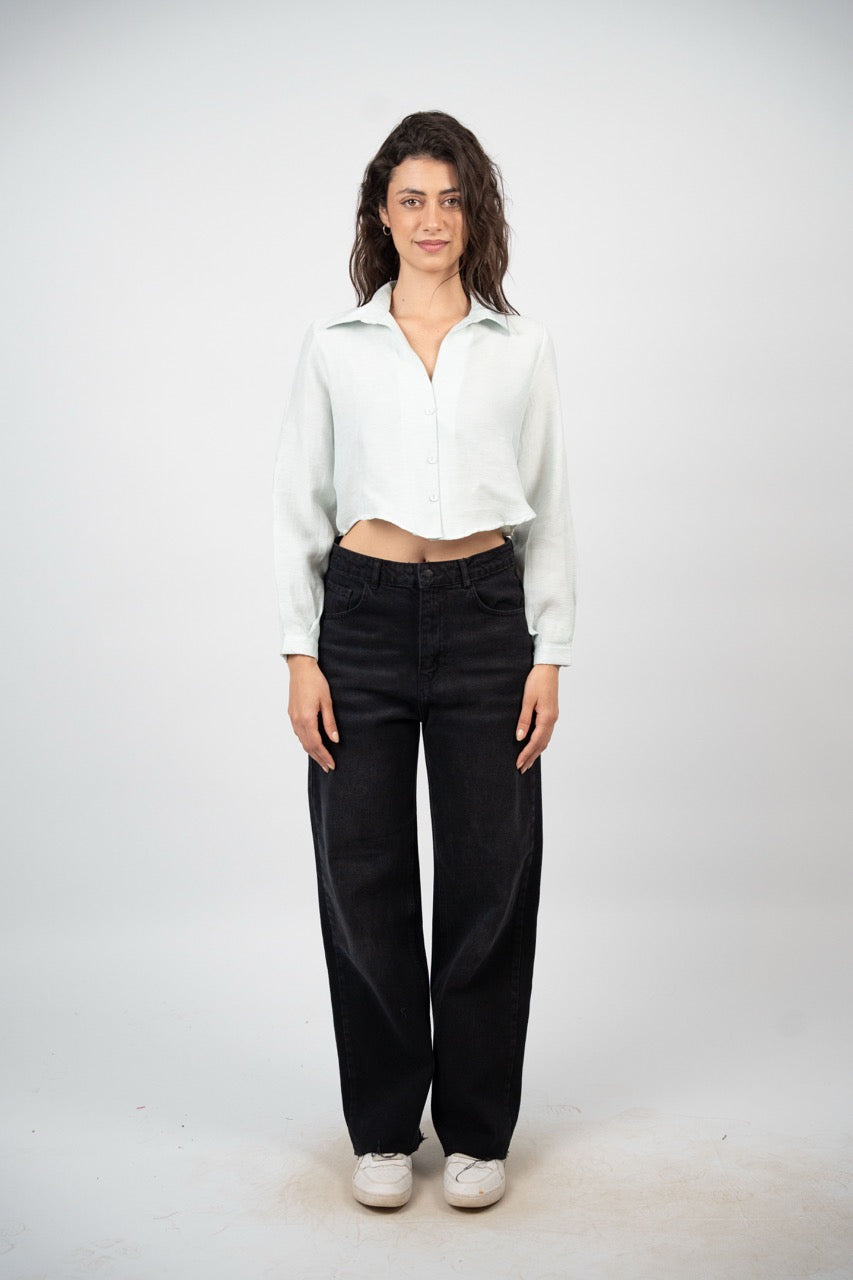 CROPPED BUTTON-DOWN SATIN BLOUSE