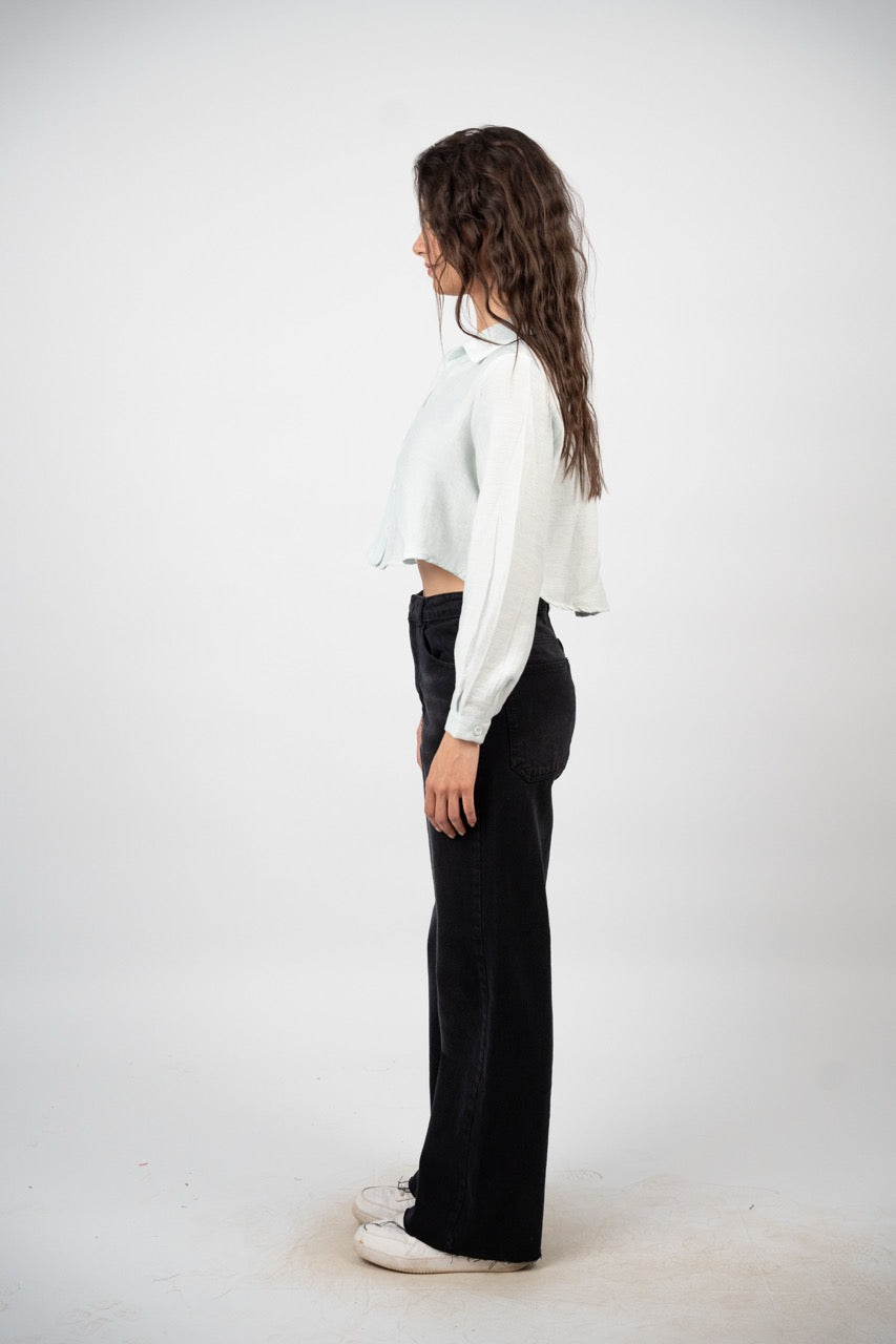 CROPPED BUTTON-DOWN SATIN BLOUSE