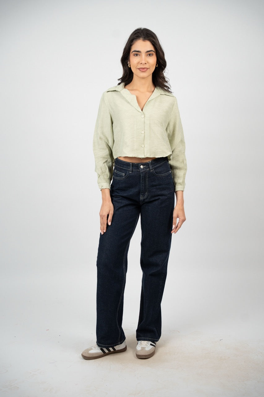 CROPPED BUTTON-DOWN SATIN BLOUSE