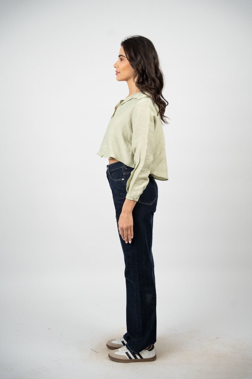 CROPPED BUTTON-DOWN SATIN BLOUSE