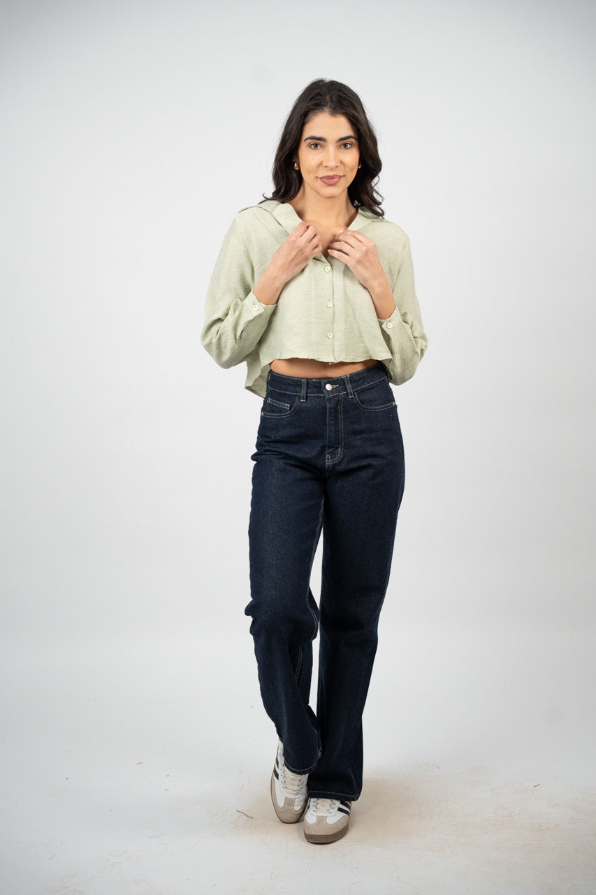 CROPPED BUTTON-DOWN SATIN BLOUSE