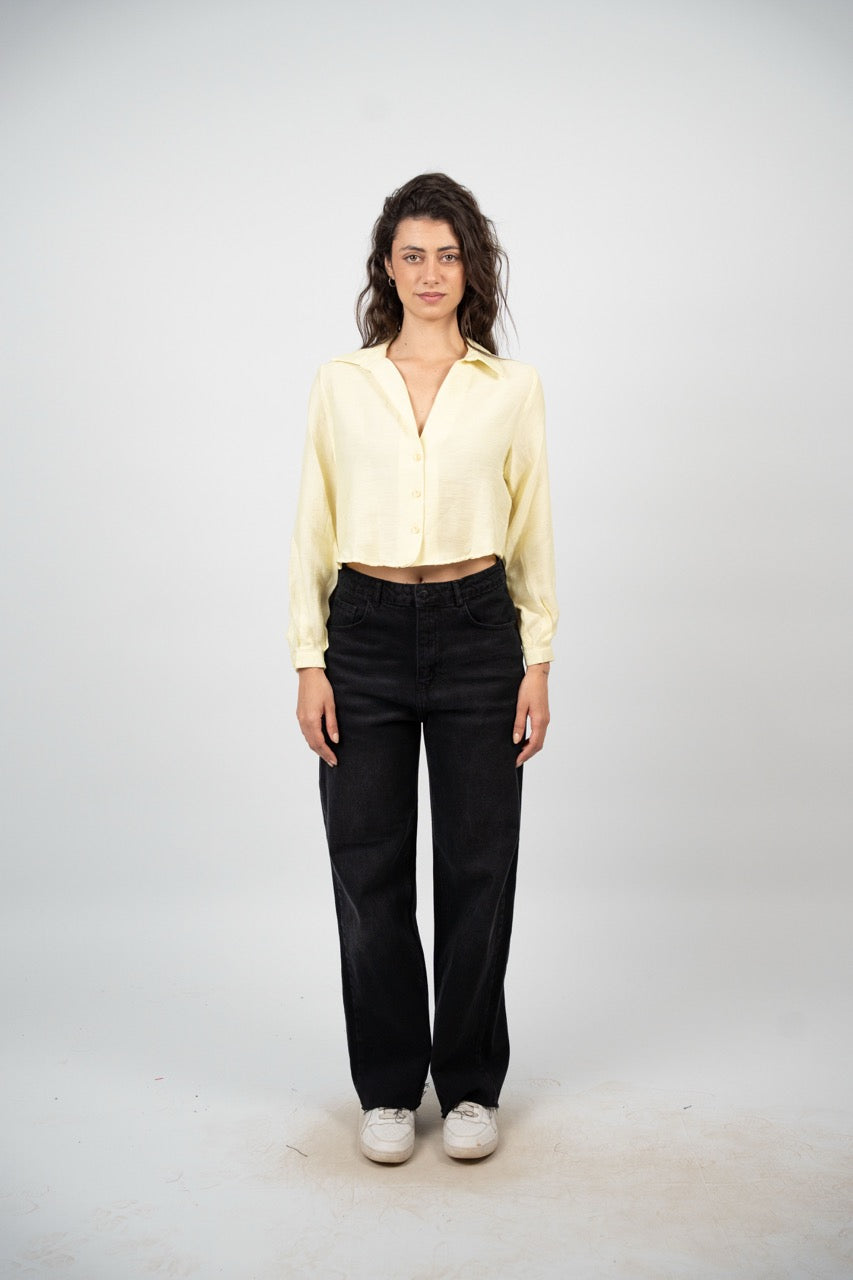 CROPPED BUTTON-DOWN SATIN BLOUSE