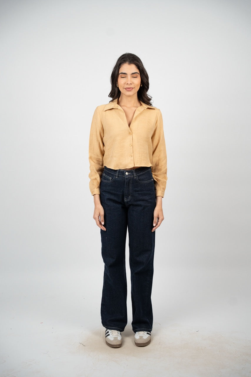 CROPPED BUTTON-DOWN SATIN BLOUSE